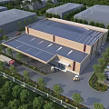 Modern Industrial Factory Building With Solar Panel Roof Green Landscaping Parking Lot And Parked Cars