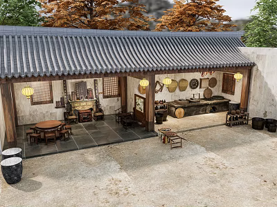Traditional Chinese Courtyard Featuring Tile Roof Hanging Lanterns Wooden Tables And Decorative Paintings 3d model