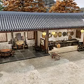 Traditional Chinese Courtyard Featuring Tile Roof Hanging Lanterns Wooden Tables And Decorative Paintings