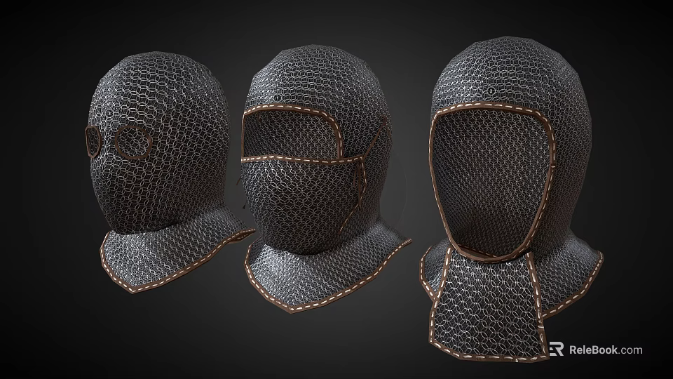 Medieval Chainmail Helmets With Leather Trim For Historical Protection Gear 3d model 