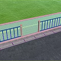 Road Infrastructure White Guardrail With Blue Vertical Strips Gray Concrete Base And Green Grass Background