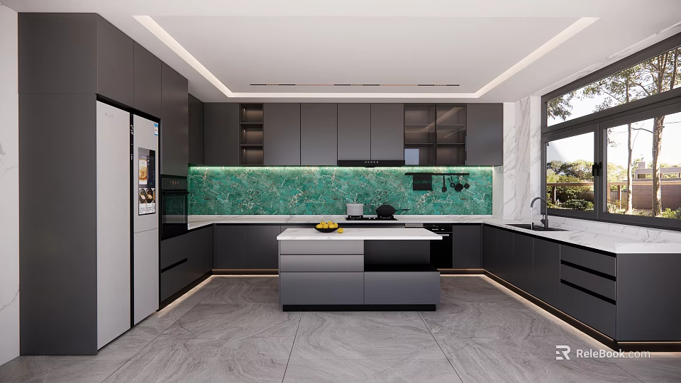 Modern Kitchen Interior With Green Marble Backsplash Dark Cabinets And Island Counter 3d model 