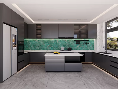 Modern Kitchen Interior With Green Marble Backsplash Dark Cabinets And Island Counter 3d model