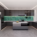 Modern Kitchen Interior With Green Marble Backsplash Dark Cabinets And Island Counter