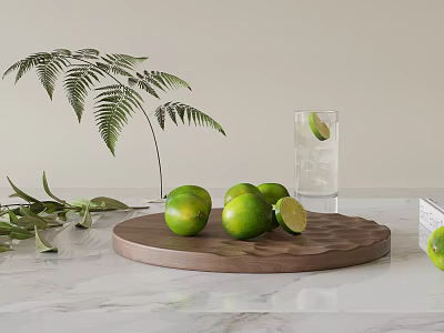 Fresh Limes On Wooden Tray Over Marble Surface With Greenery And Water Glass 3d model