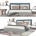 Cozy Double Bed Bedroom Interior With Soft Pillows Teddy Bear And Nightstand Lamp