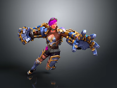 Game Character With Pink Hair And Blue Gold Mechanical Arms In Combat Stance 3d model