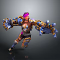 Game Character With Pink Hair And Blue Gold Mechanical Arms In Combat Stance