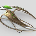 Ornate Golden And White Curved Decorative Piece With Green Gemstones And Carved Patterns