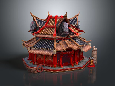 Cartoon Scene Chinese Style Red Building with Multi Layered Roof Animal Head Decorations Wooden Structure 3d model