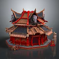 Cartoon Scene Chinese Style Red Building with Multi Layered Roof Animal Head Decorations Wooden Structure