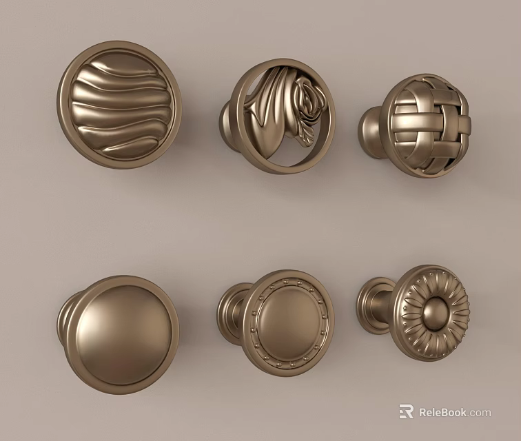 Various Decorative Cabinet Handles with Different Ornamental Designs in Metallic Finish 3d model 