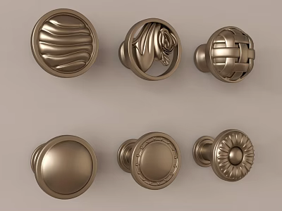 Various Decorative Cabinet Handles with Different Ornamental Designs in Metallic Finish 3d model