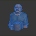 Portly Man Figurine Wearing Blue Shirt Holding Brown Graduated Mug on Gray Background