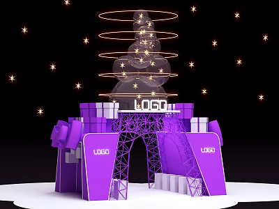 Purple Tower like Photo Spot With Glowing Stars Circular Light Rings And Gift Boxes 3d model