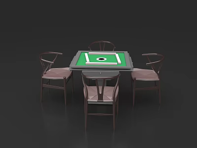 Poker Entertainment Setup With Green Felt Table Center Design And Four Wooden Padded Chairs 3d model