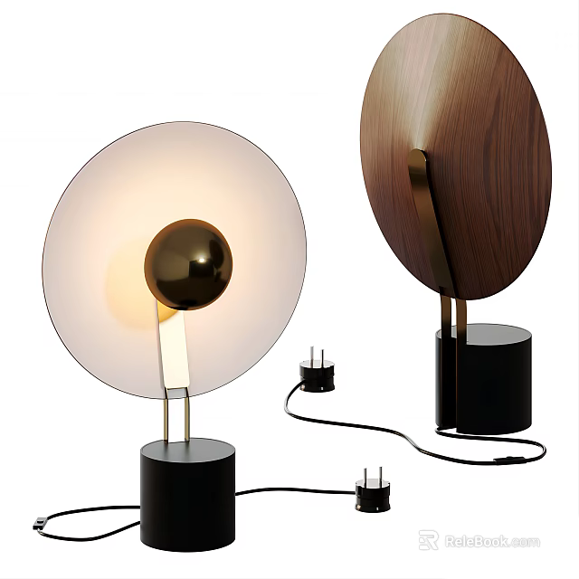 Minimalist Table Lamp Design With Round Glass Shade Walnut Wood Panel And Gold Metal Accent 3d model 