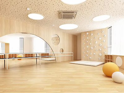 Kindergarten Interior Design With Wooden Walls Climbing Wall Round Balls And Arched Windows 3d model
