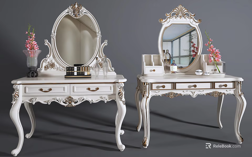 Classic White Dressing Tables With Ornate Mirrors Flower Vase And Cosmetics 3d model 