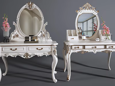 Classic White Dressing Tables With Ornate Mirrors Flower Vase And Cosmetics 3d model