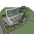 Modern Office Building With Curved Glass Facade And Landscaped Entrance Area