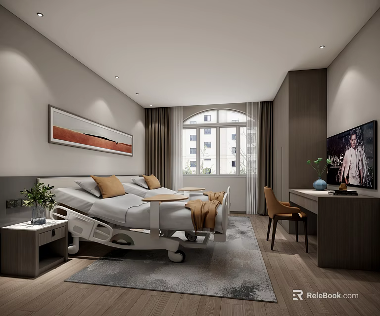 Modern Hospital Room Interior With Adjustable Bed TV Nightstand Curtains And Wooden Floor 3d model 