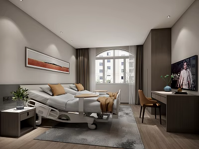 Modern Hospital Room Interior With Adjustable Bed TV Nightstand Curtains And Wooden Floor 3d model