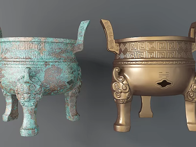 Garden Landscape Featuring Traditional Bronze Vessels With Intricate Patterns Greenish Blue Patina And Golden Finish 3d model