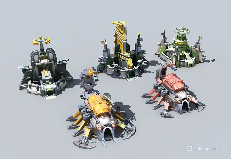 Cartoon Scene With Various Colorful Mechanical Structures And Sci Fi Creatures 3d model 