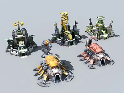 Cartoon Scene With Various Colorful Mechanical Structures And Sci Fi Creatures 3d model