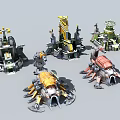 Cartoon Scene With Various Colorful Mechanical Structures And Sci Fi Creatures 3d model