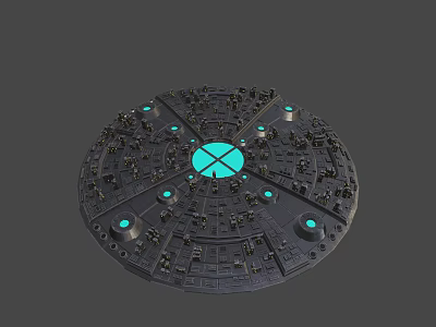 Futuristic Circular Tech Structure With Blue Glowing Cross Center And Surrounding Components 3d model
