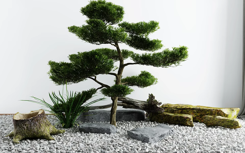 Serene Garden Decor Featuring Bonsai Tree Green Plants Pebbles Stones and Wooden Log 3d model 