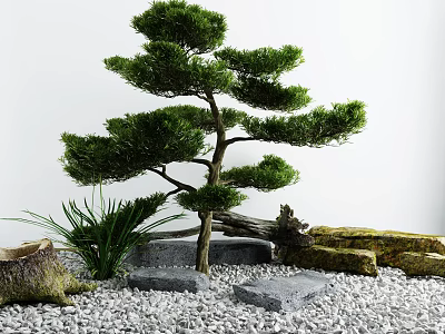 Serene Garden Decor Featuring Bonsai Tree Green Plants Pebbles Stones and Wooden Log 3d model