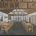 Modern Retail Shop Interior With Wooden Beam Ceiling White Display Counters Shelves And Hanging Lights