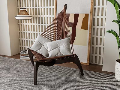 Brown Rattan Leisure Chair With Soft Cushions Against Lattice Wall Abstract Painting And Floor Lamp 3d model