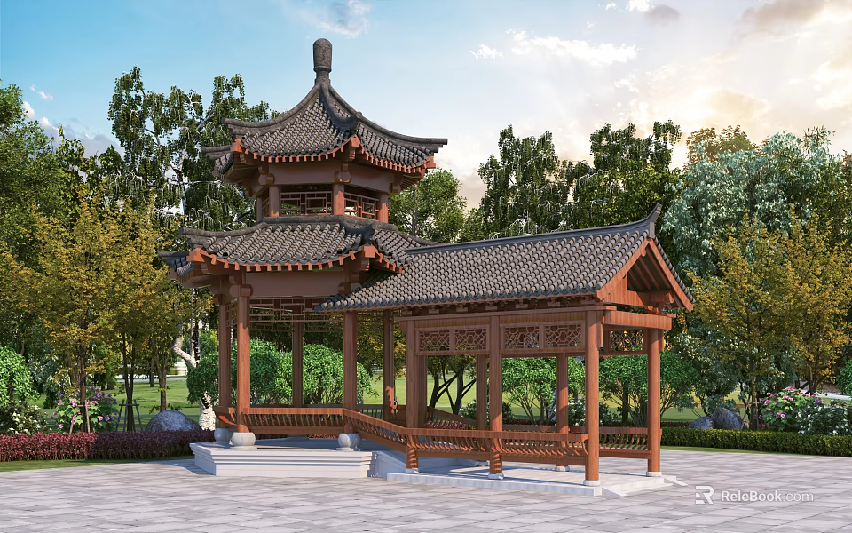 Traditional Chinese Double Decker Wooden Pavilion With Curved Roof And Green Trees 3d model 