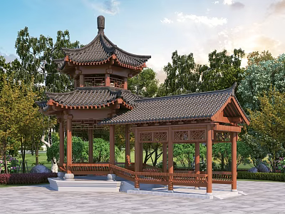 Traditional Chinese Double Decker Wooden Pavilion With Curved Roof And Green Trees 3d model