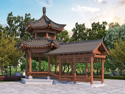 Chinese Style Pavilion Outdoor Hexagonal Pavilion Corridor Pavilion 3d model