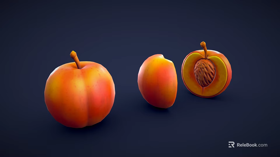 Fresh Whole Bitten And Sliced Peach With Visible Pit On Dark Background 3d model 