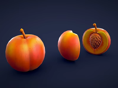 Fresh Whole Bitten And Sliced Peach With Visible Pit On Dark Background 3d model
