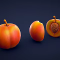 Fresh Whole Bitten And Sliced Peach With Visible Pit On Dark Background