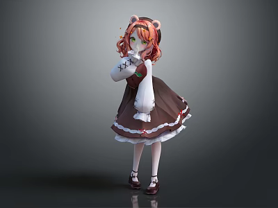 Game Movie Character In Brown White Dress With Auburn Hair Green Eyes And Cat Ears 3d model