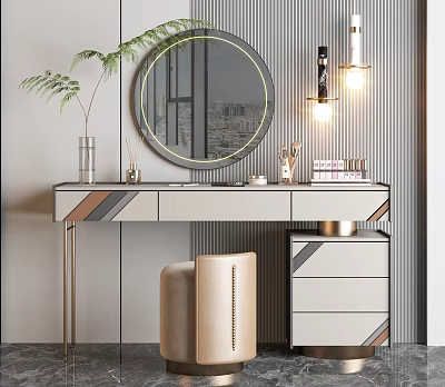 Modern Stylish Dressing Table Featuring Round Mirror Table Lamp Fern Plant And Decorative Drawers 3d model