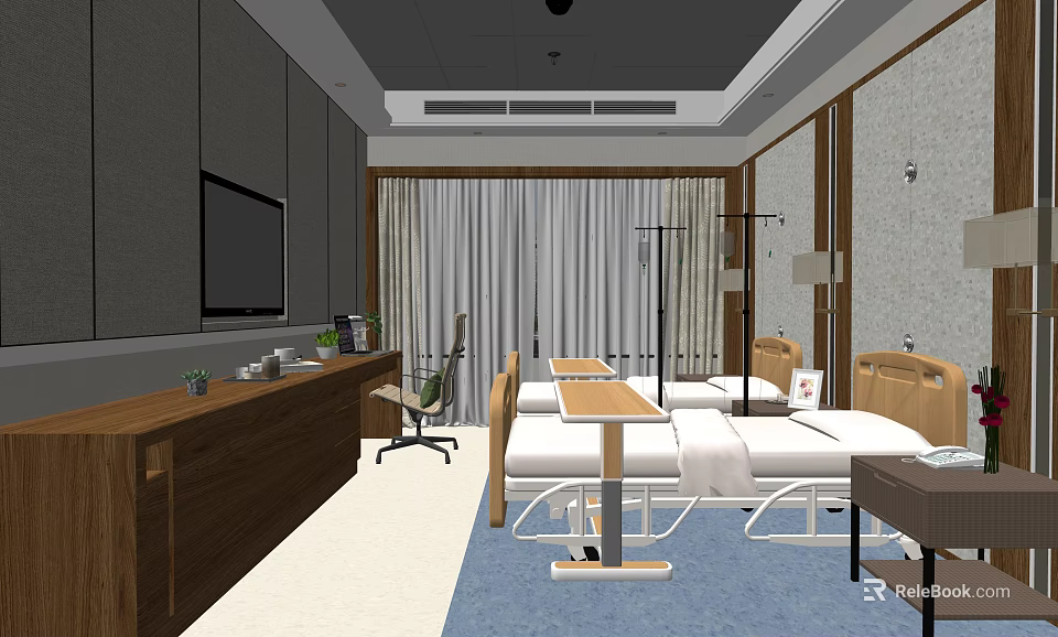 Modern Hospital Room With Two Beds TV Curtains Wooden Furniture And Medical Equipment 3d model 
