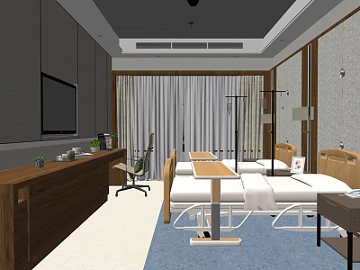 Modern Hospital Room With Two Beds TV Curtains Wooden Furniture And Medical Equipment 3d model