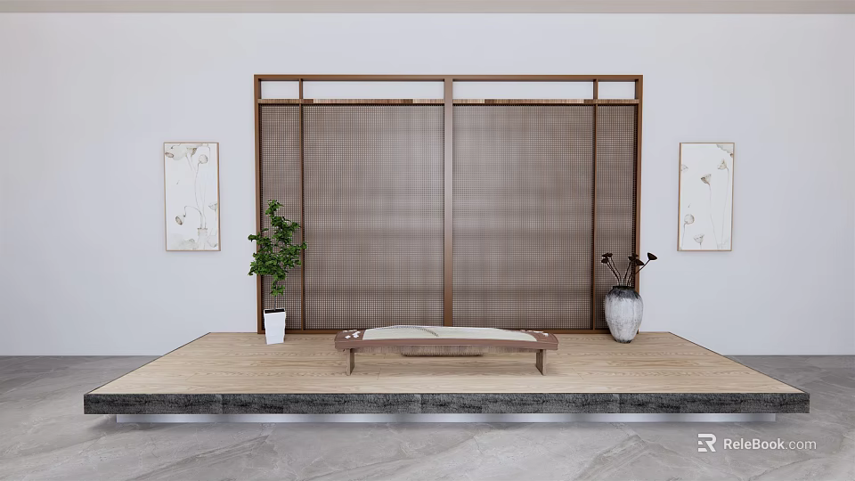 Traditional Musical Instruments And Art Supplies On Wooden Platform With Screen Paintings And Plants 3d model 
