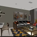 Modern Living Dining Room Interior With Dining Table Sofa Pendant Lights TV And Rug