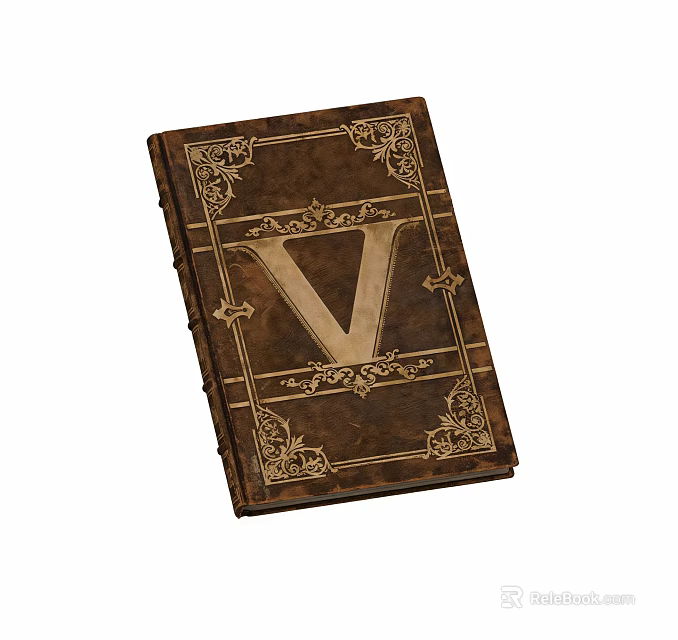 Antique Brown Book With Golden Decorative Patterns And Large V Letter 3d model 