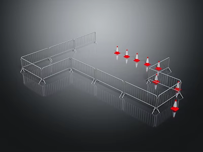 White Temporary Fencing Arrangement With Red Traffic Cones For Safety Setup 3d model